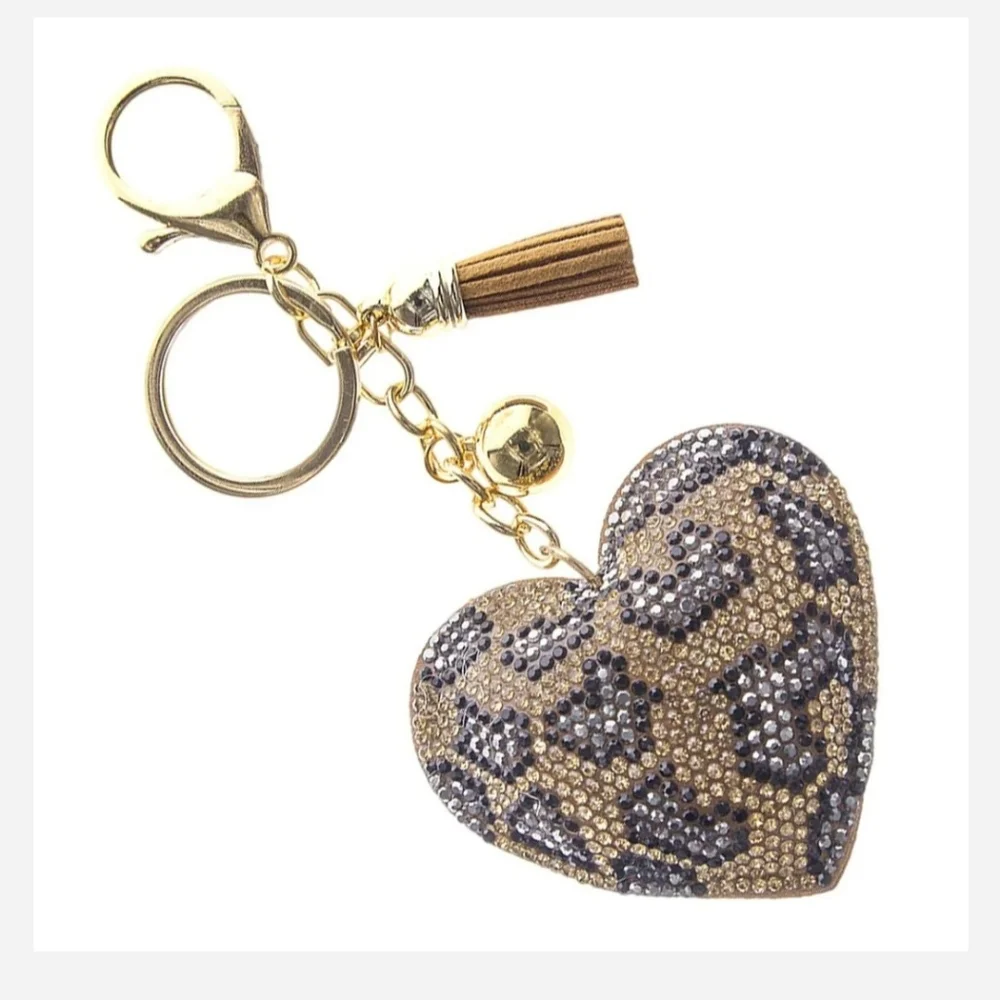 Animal print puffy heart tassel ball brown tan keychain mob wives - Picture 3 of 5